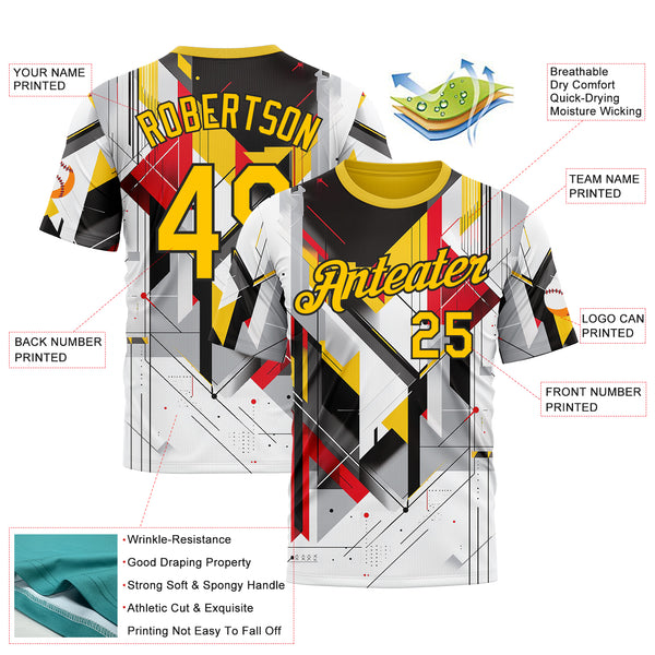 Custom White Yellow Red Black-Gray 3D Pattern Design Germany Geometric Shape Sport Wear Performance T-Shirt