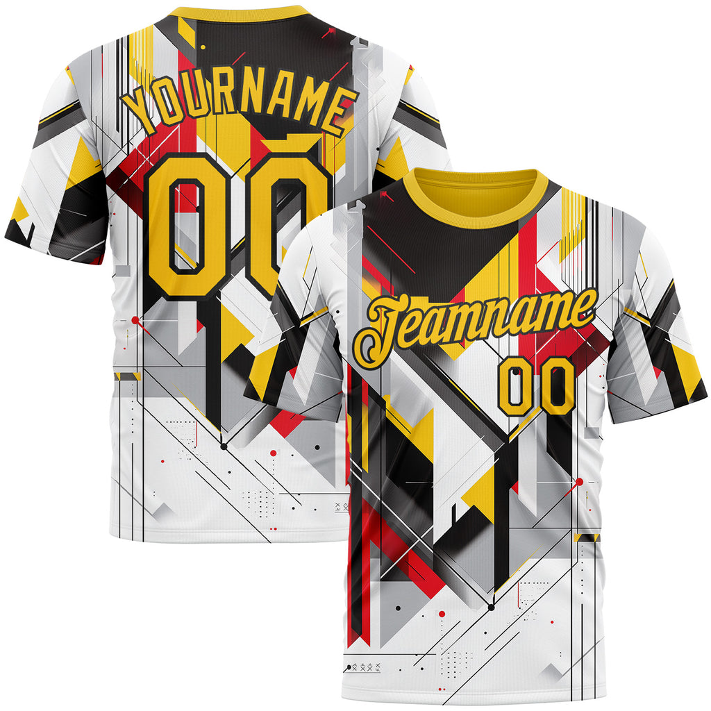 Custom White Yellow Red Black-Gray 3D Pattern Design Germany Geometric Shape Sport Wear Performance T-Shirt