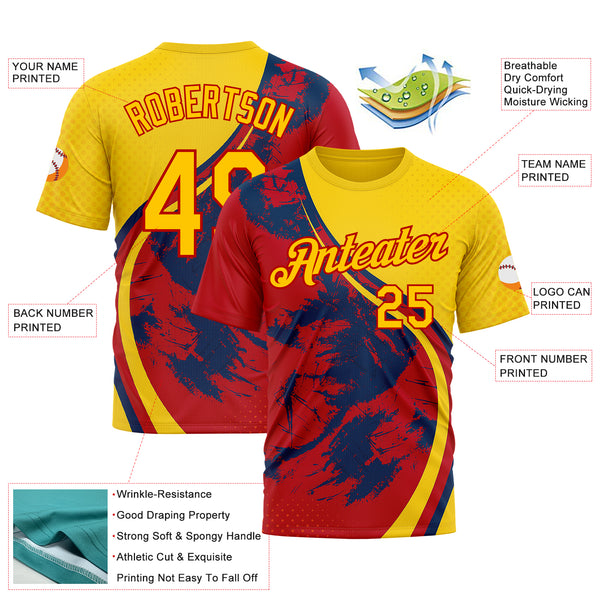Custom Yellow Red 3D Pattern Design Spain Splash Sport Wear Performance T-Shirt