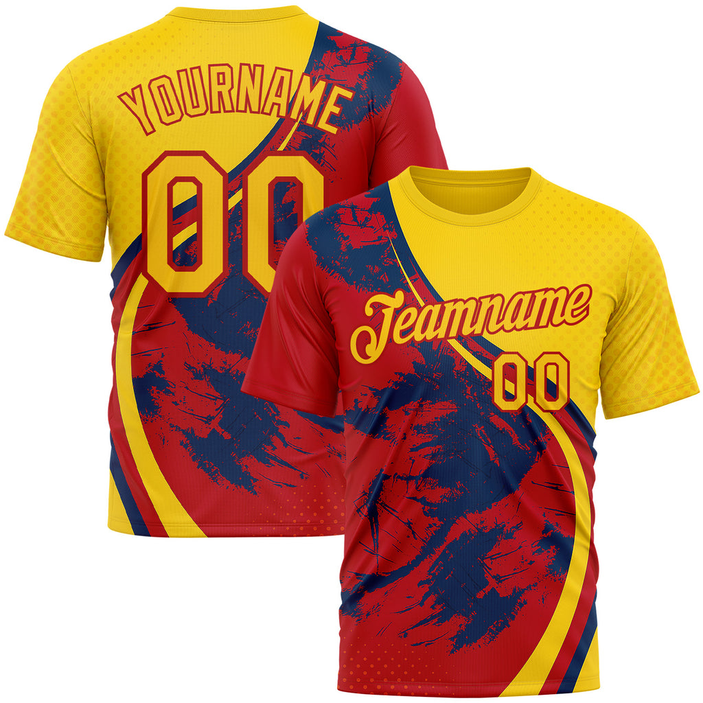 Custom Yellow Red 3D Pattern Design Spain Splash Sport Wear Performance T-Shirt