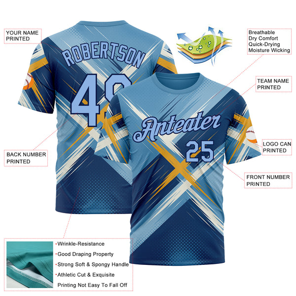 Custom Blue Light Blue-Navy 3D Pattern Design Geometric Shape Sport Wear Performance T-Shirt