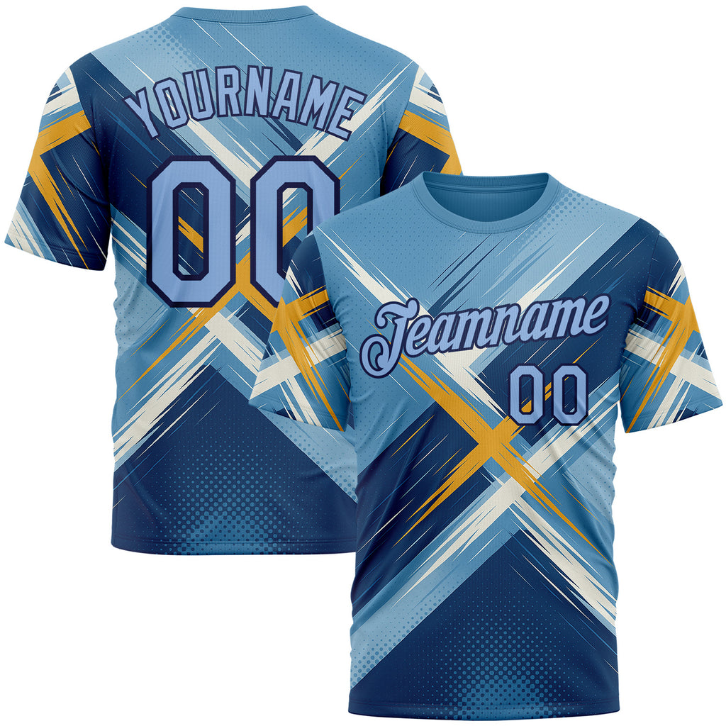 Custom Blue Light Blue-Navy 3D Pattern Design Geometric Shape Sport Wear Performance T-Shirt