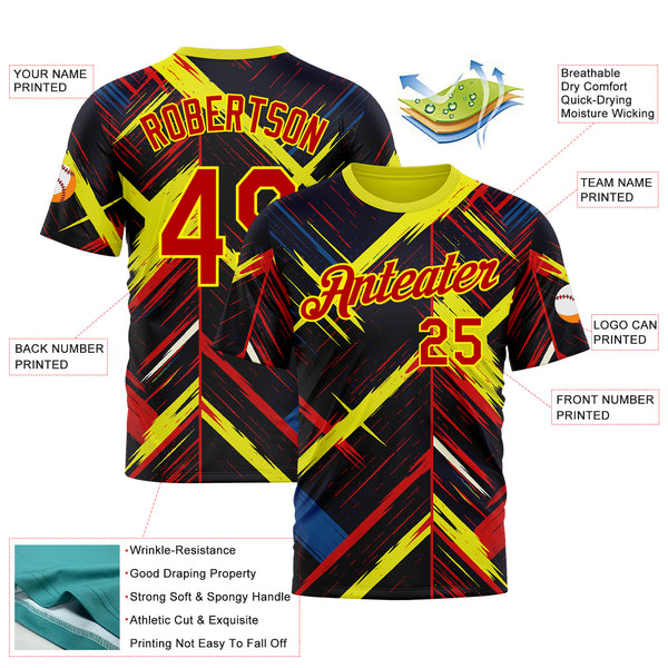 Custom Black Red Light Yellow-Blue 3D Pattern Design Germany Sport Wear Performance T-Shirt