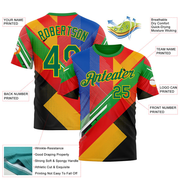 Custom Red Kelly Green Yellow Blue-Black 3D Pattern Design Africa Geometric Shape Sport Wear Performance T-Shirt