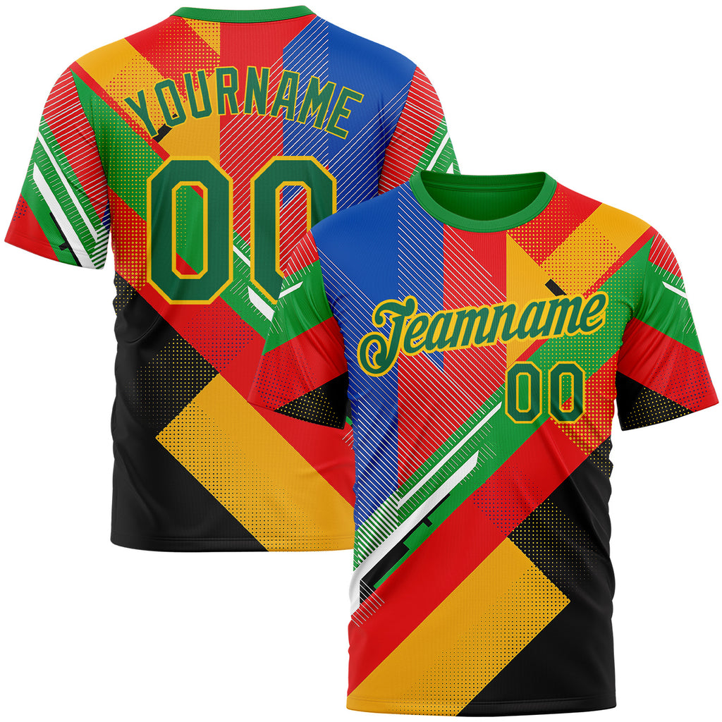 Custom Red Kelly Green Yellow Blue-Black 3D Pattern Design Africa Geometric Shape Sport Wear Performance T-Shirt