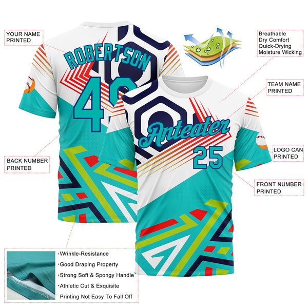 Custom White Auqa Red Green-Royal 3D Pattern Design Geometric Shape Sport Wear Performance T-Shirt