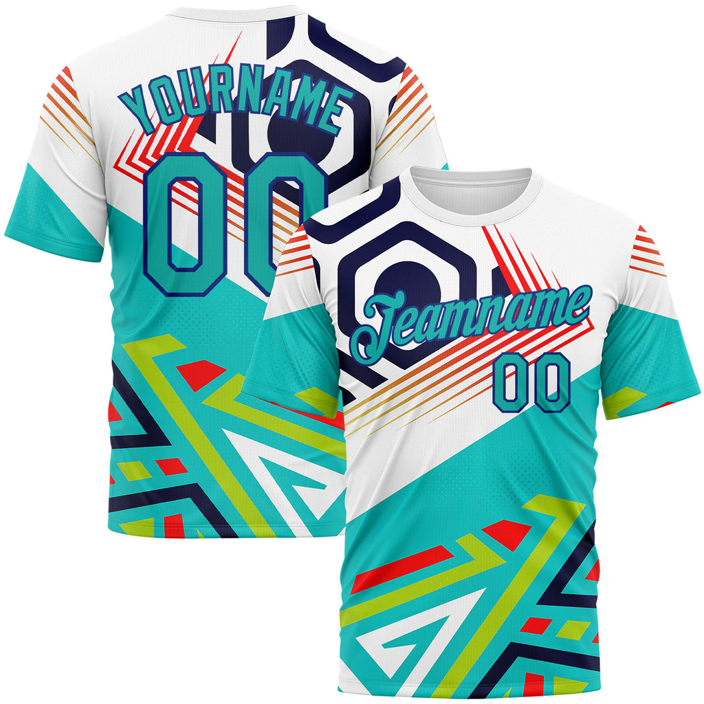Custom White Auqa Red Green-Royal 3D Pattern Design Geometric Shape Sport Wear Performance T-Shirt