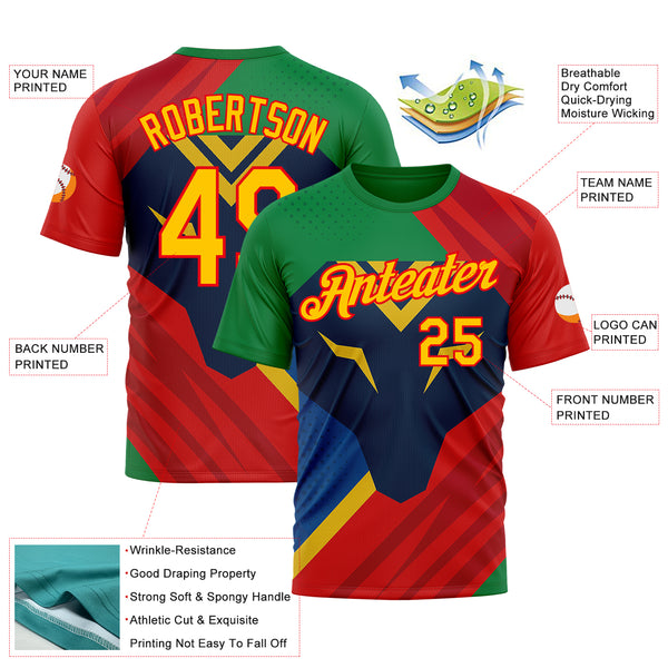 Custom Green Yellow Blue-Fire Red 3D Pattern Design Mexico Brazil Sport Wear Performance T-Shirt