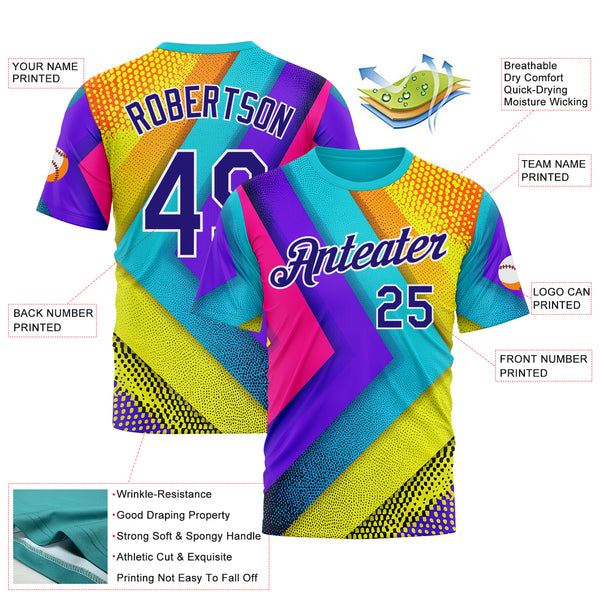 Custom Blue Dark Purple Yellow-Pink 3D Pattern Design Chromatic Geometric Shape Sport Wear Performance T-Shirt