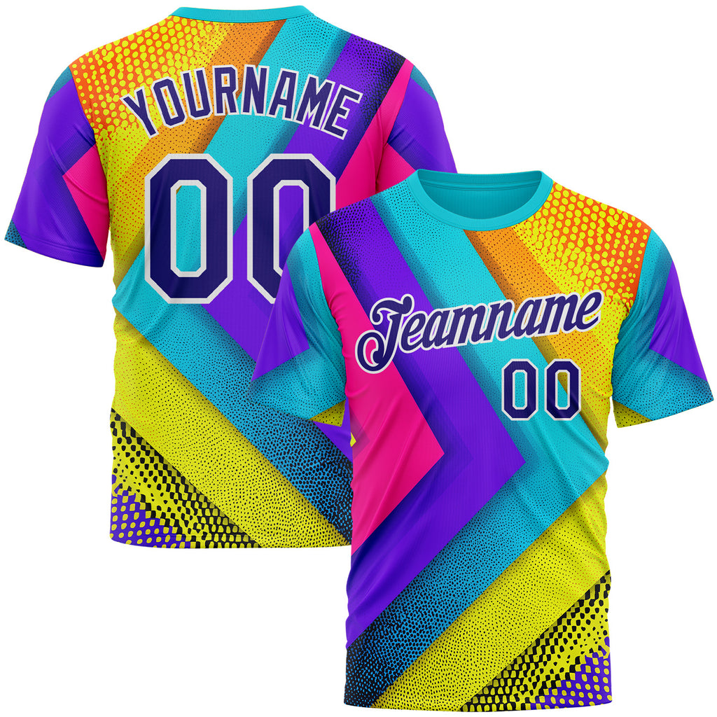 Custom Blue Dark Purple Yellow-Pink 3D Pattern Design Chromatic Geometric Shape Sport Wear Performance T-Shirt