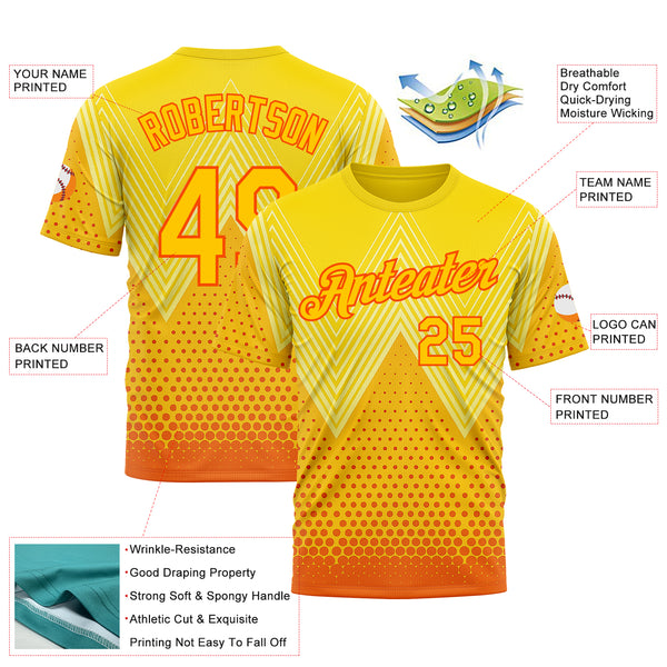 Custom Yellow Orange 3D Pattern Design Spain Sport Wear Performance T-Shirt