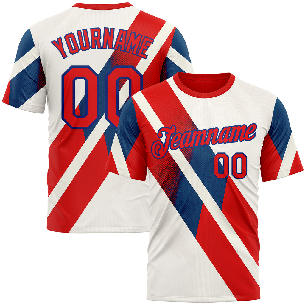 Custom Cream Fire Red-Royal 3D Pattern Design Canada America Sport Wear Performance T-Shirt