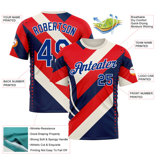 Custom Cream Royal Red Blue-White 3D Pattern Design USA Inspired America Sport Wear Performance T-Shirt