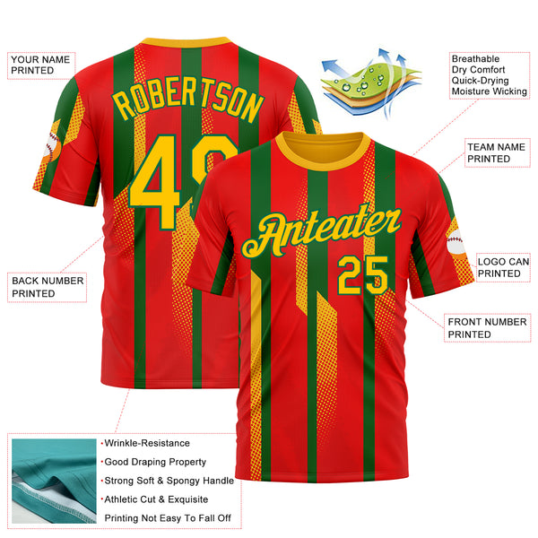 Custom Red Yellow-Kelly Green 3D Pattern Design Mexico Africa Sport Wear Performance T-Shirt