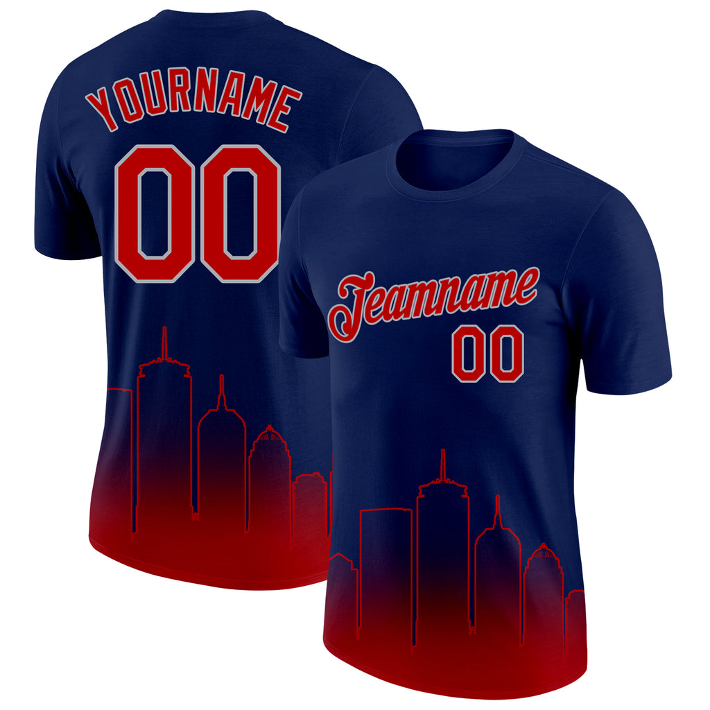 Custom Navy Red-Gray 3D Boston City Edition Fade Fashion Performance T-Shirt