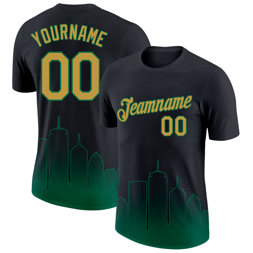 Custom Black Old Gold-Kelly Green 3D Boston City Edition Fade Fashion Performance T-Shirt
