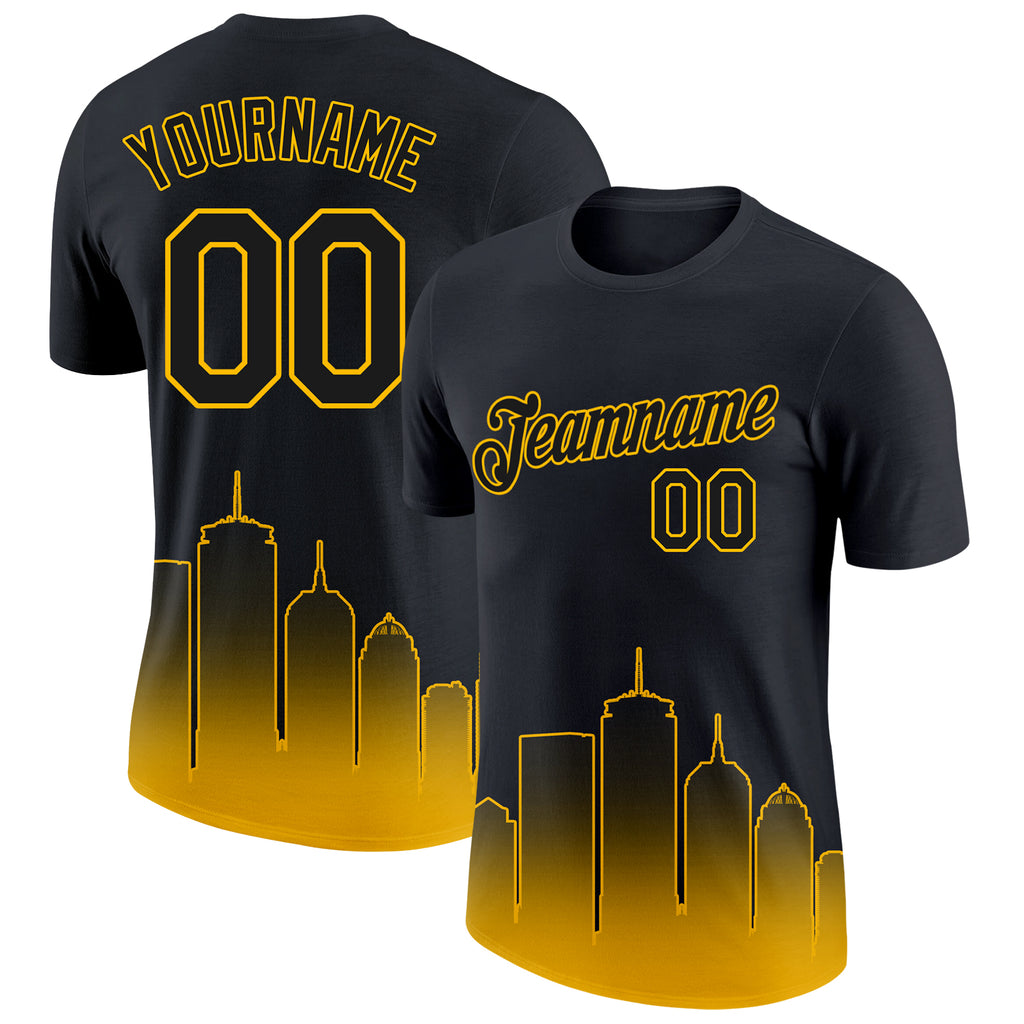 Custom Black Gold 3D Boston City Edition Fade Fashion Performance T-Shirt