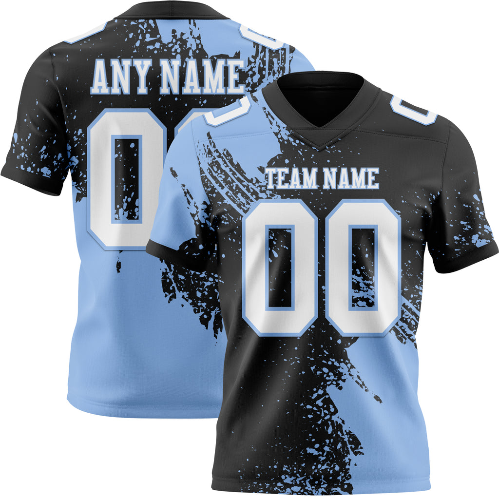 Custom Black White-Light Blue 3D Pattern Abstract Brush Stroke Mesh Authentic Football Jersey