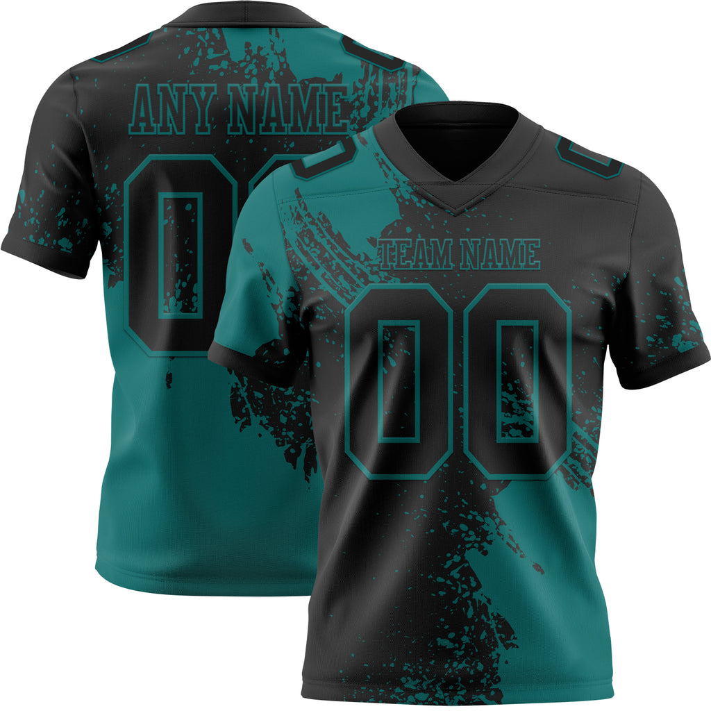 Custom Black Teal 3D Pattern Abstract Brush Stroke Mesh Authentic Football Jersey