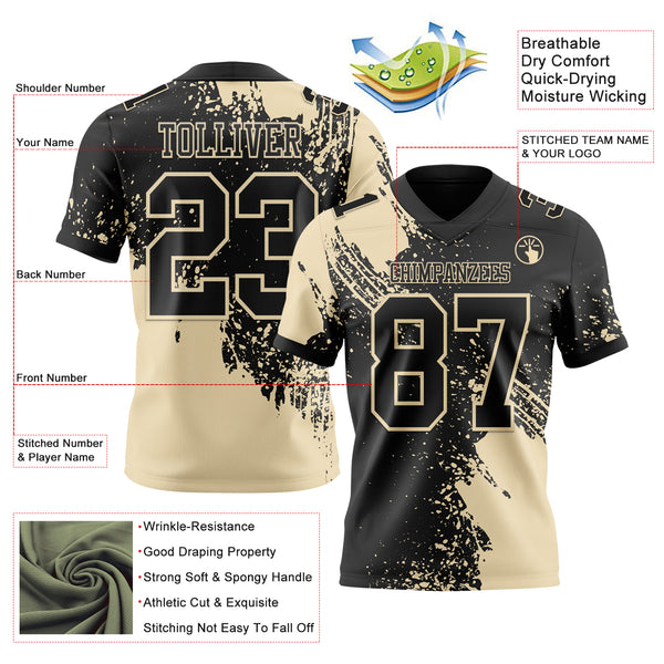 Custom Black Cream 3D Pattern Abstract Brush Stroke Authentic Football Jersey
