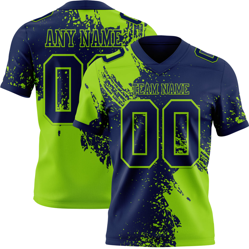 Custom Navy Neon Green 3D Pattern Abstract Brush Stroke Mesh Authentic Football Jersey