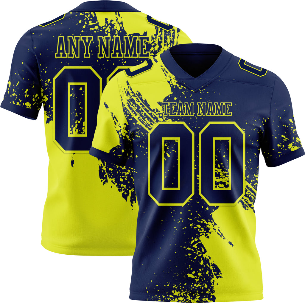 Custom Navy Neon Yellow 3D Pattern Abstract Brush Stroke Mesh Authentic Football Jersey