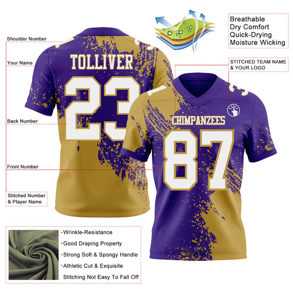 Custom Purple White-Old Gold 3D Pattern Abstract Brush Stroke Authentic Football Jersey