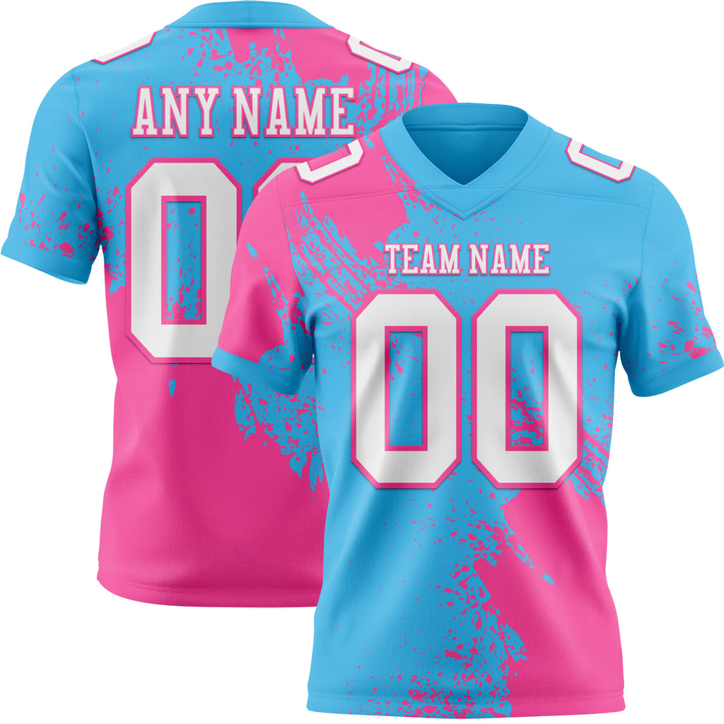 Custom Sky Blue White-Pink 3D Pattern Abstract Brush Stroke Mesh Authentic Football Jersey
