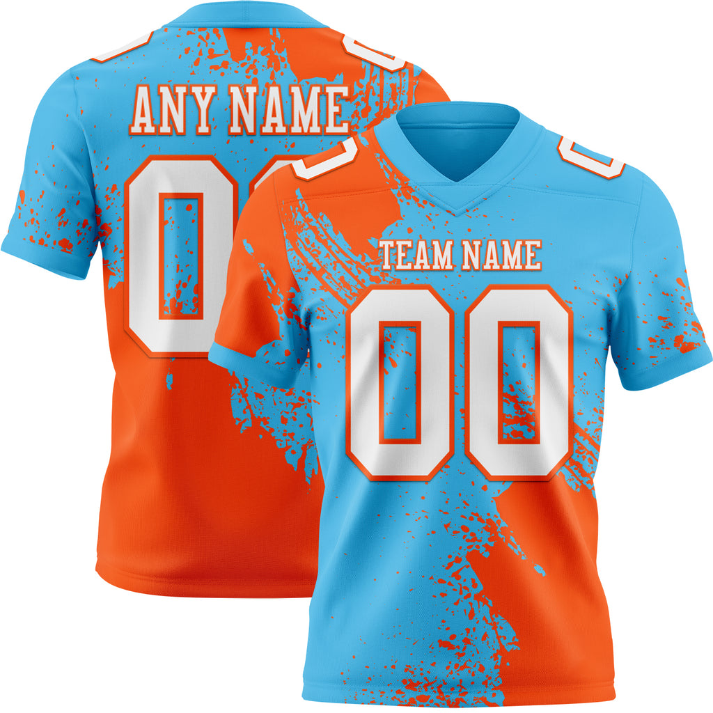 Custom Sky Blue White-Orange 3D Pattern Abstract Brush Stroke Mesh Authentic Football Jersey