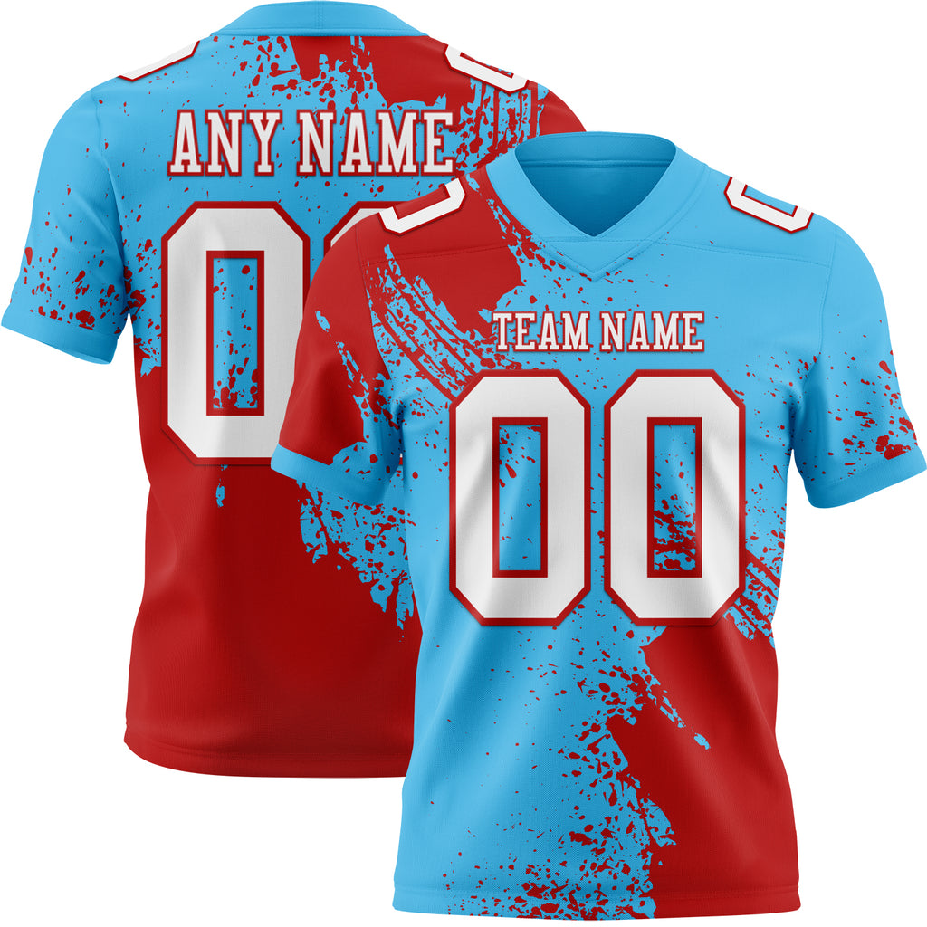 Custom Sky Blue White-Red 3D Pattern Abstract Brush Stroke Mesh Authentic Football Jersey