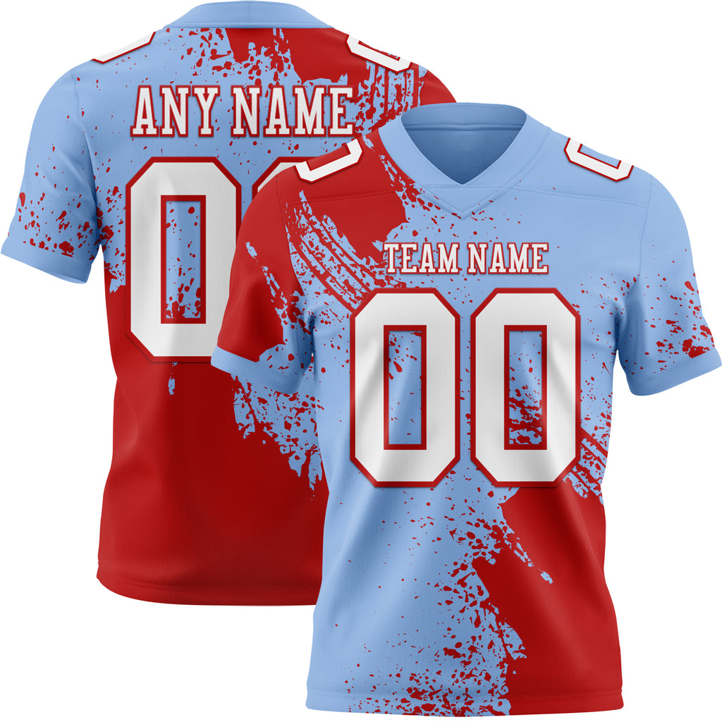Custom Light Blue White-Red 3D Pattern Abstract Brush Stroke Mesh Authentic Football Jersey