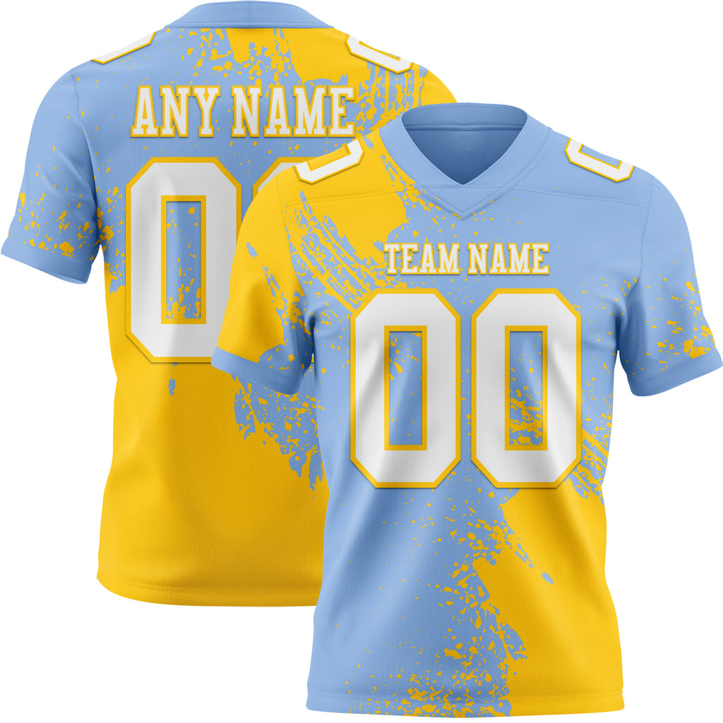 Custom Light Blue White-Yellow 3D Pattern Abstract Brush Stroke Mesh Authentic Football Jersey