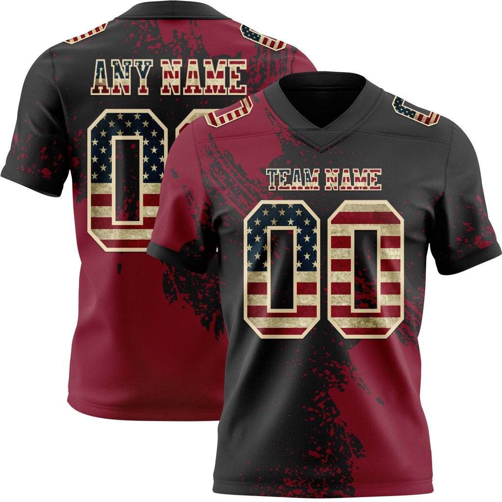 Custom Black Vintage USA Flag Crimson-Cream 3D Pattern Abstract Brush Stroke Mesh Authentic Football Jersey