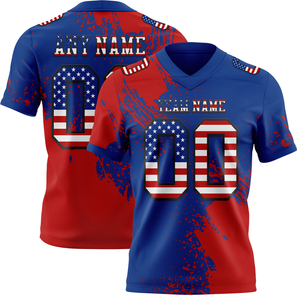 Custom Royal USA Flag Red-Black 3D Pattern Abstract Brush Stroke Mesh Authentic Football Jersey