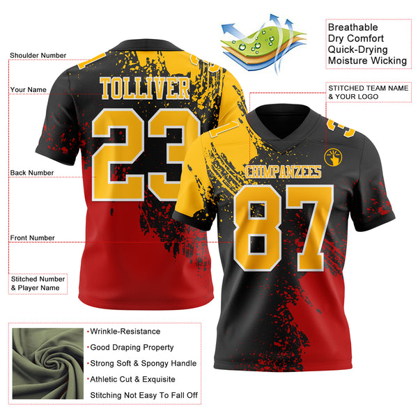 Custom Black Gold Red-White 3D Pattern Abstract Brush Stroke Mesh Authentic Football Jersey