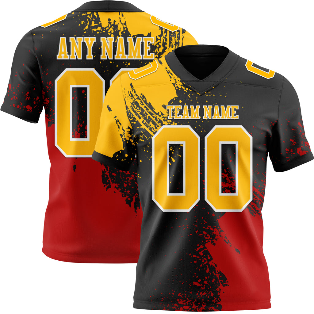 Custom Black Gold Red-White 3D Pattern Abstract Brush Stroke Mesh Authentic Football Jersey