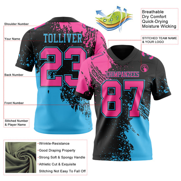 Custom Black Pink-Sky Blue 3D Pattern Abstract Brush Stroke Mesh Authentic Football Jersey