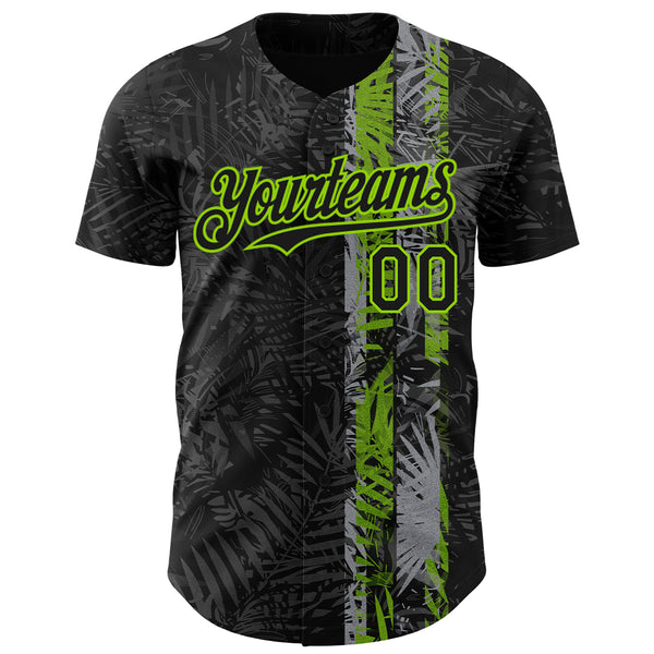 Custom Black Neon Green 3D Hawaii Tropical Palm Leaves Authentic Baseball Jersey