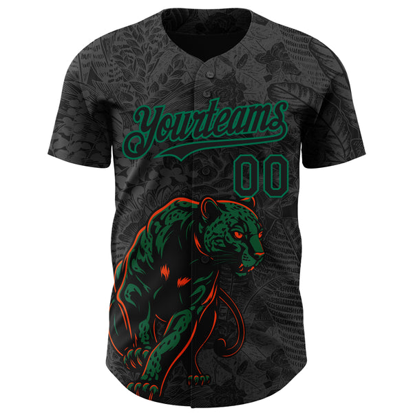 Custom Black Kelly Green 3D Hawaii Tropical Palm Leaves And Animal Leopard Authentic Baseball Jersey