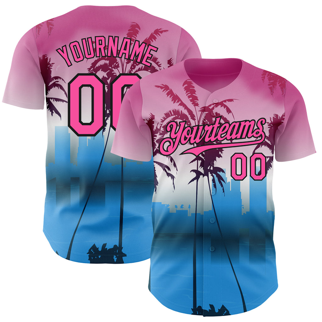 Custom Pink Blue Black-White 3D Gradient Miami Palm Trees City Edition Authentic Baseball Jersey