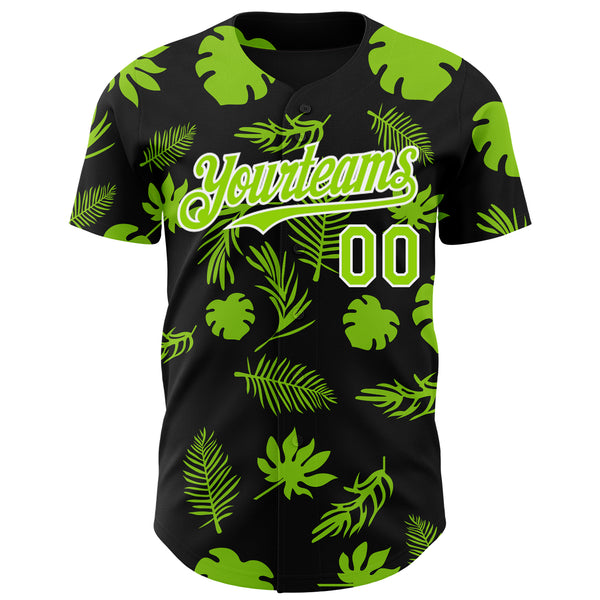 Custom Black Neon Green-White 3D Hawaii Palm Leaves Authentic Baseball Jersey