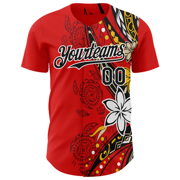Custom Red Black-White 3D Hawaii Flower Authentic Baseball Jersey