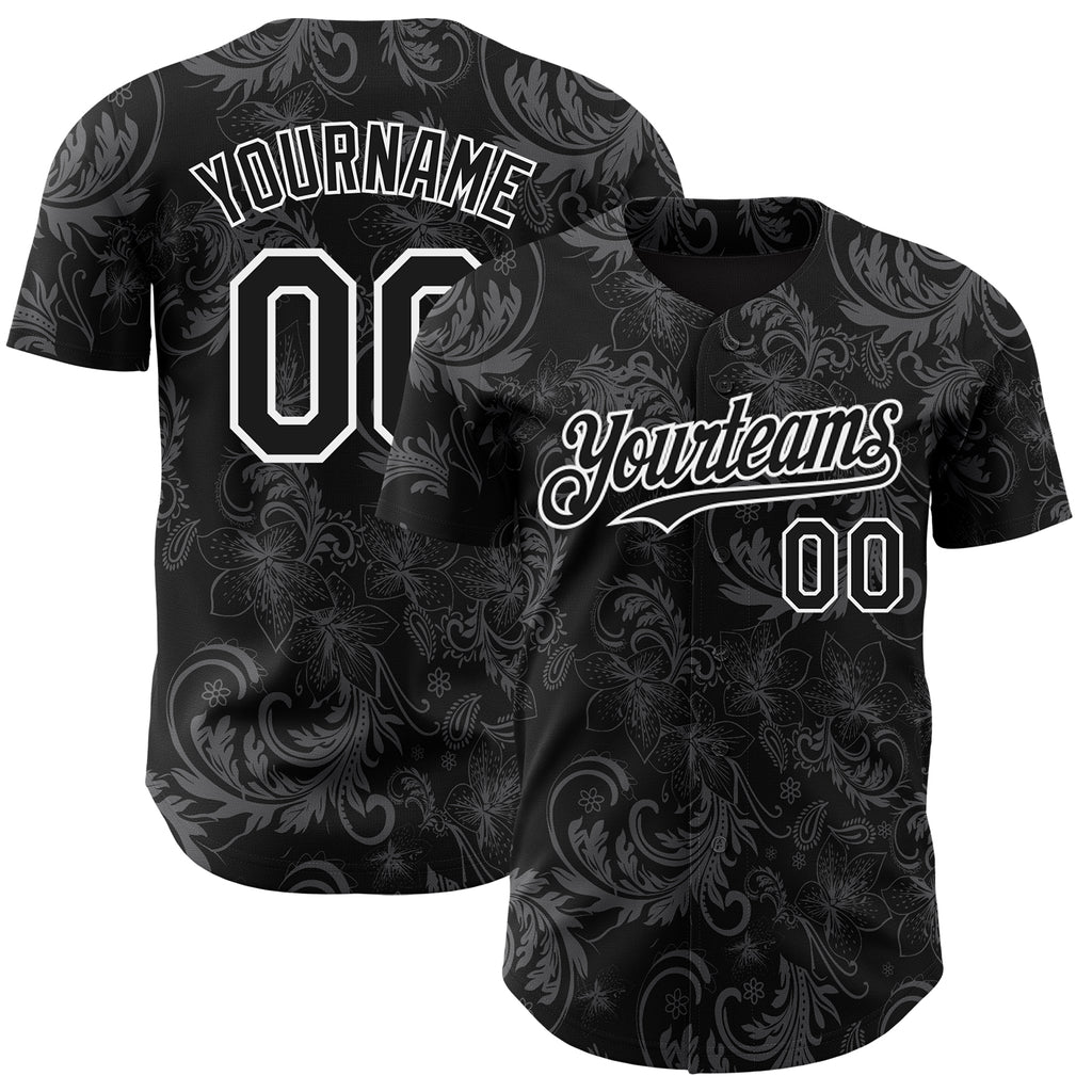 Custom Black White 3D Pattern Design Flower Authentic Baseball Jersey