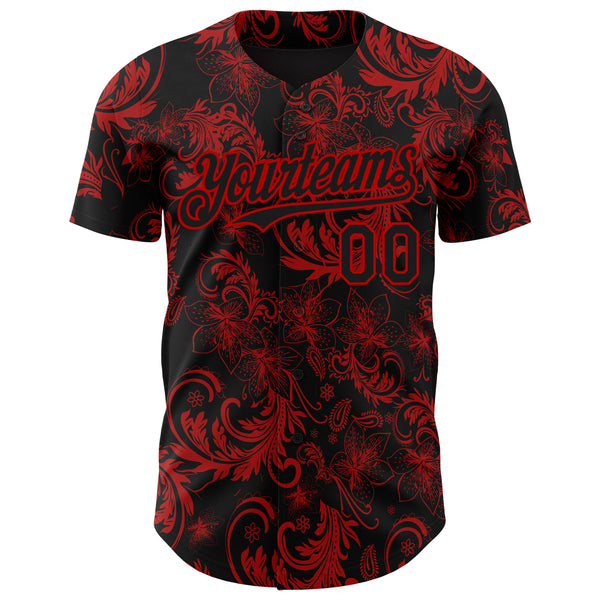 Custom Black Red 3D Pattern Design Flower Authentic Baseball Jersey