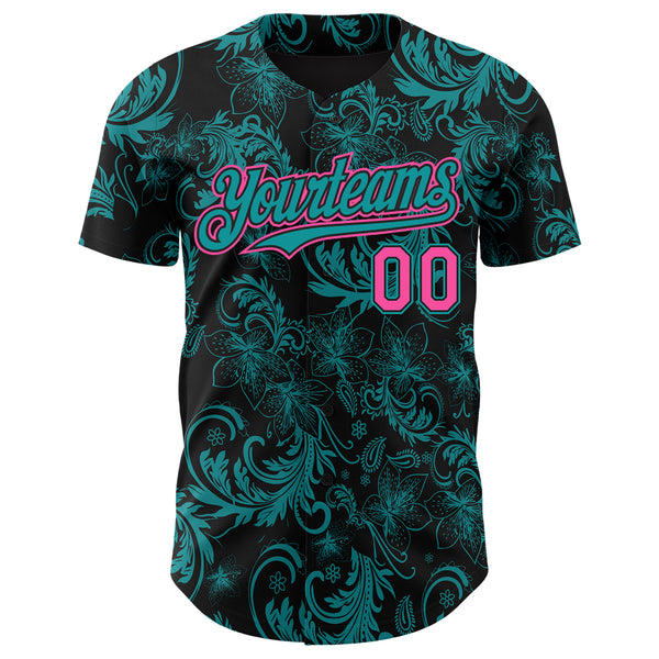 Custom Black Pink-Teal 3D Pattern Design Flower Authentic Baseball Jersey