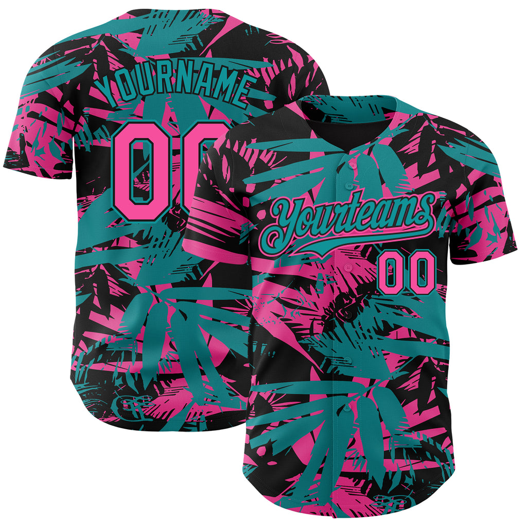 Custom Black Pink-Teal 3D Hawaii Palm Leaves Authentic Baseball Jersey