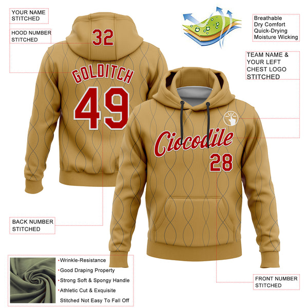 Custom Stitched Old Gold Red Steel Gray-White 3D Pattern Design Curve Line Geometric Shape Sports Pullover Sweatshirt Hoodie