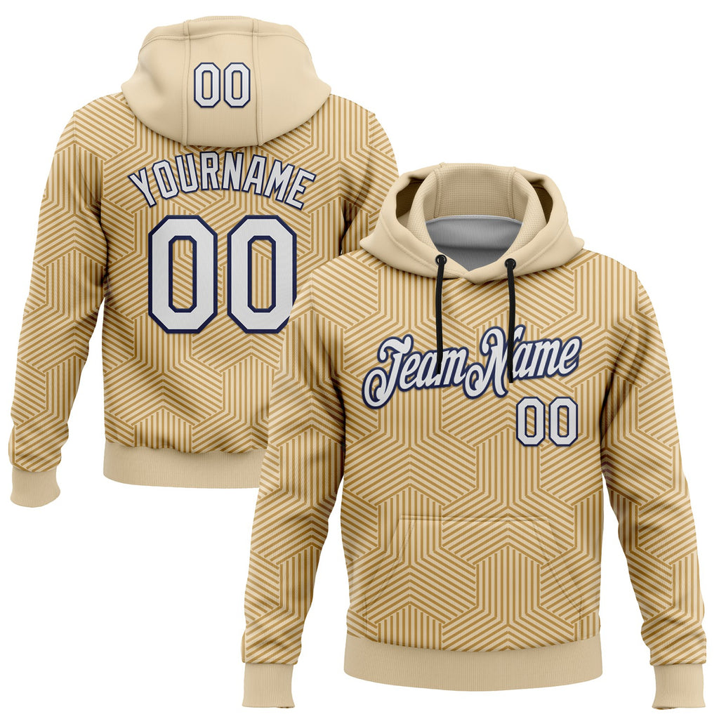 Custom Stitched City Cream White Old Gold-Navy 3D Pattern Design Line Geometric Shape Sports Pullover Sweatshirt Hoodie