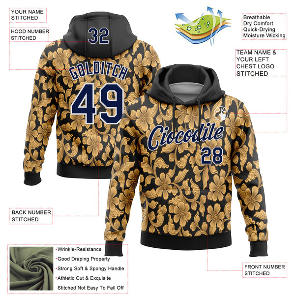 Custom Stitched Black Navy-White 3D Pattern Design Golden Subtle Floral Sports Pullover Sweatshirt Hoodie