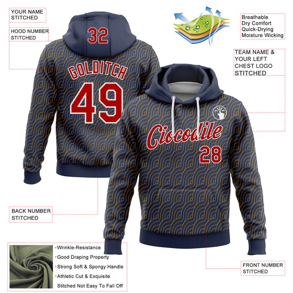 Custom Stitched Navy Red Gold-White 3D Pattern Design Wave Geometric Shape Sports Pullover Sweatshirt Hoodie